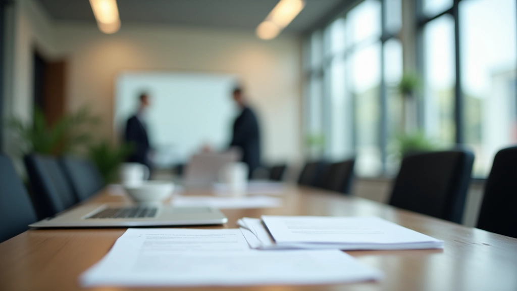 Profissional em ambiente corporativo moderno com documentos e laptop, escritório internacional, iluminação natural brilhante