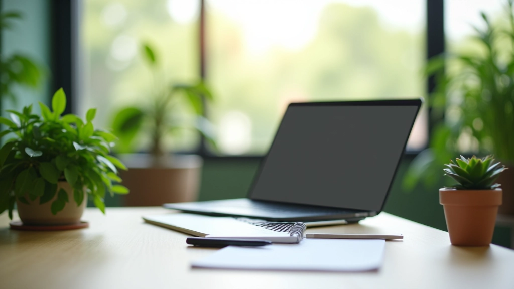 Mesa de trabalho moderna com computador portátil, plantas verdes, caneta e bloco de notas, ambiente luminoso e inspirador