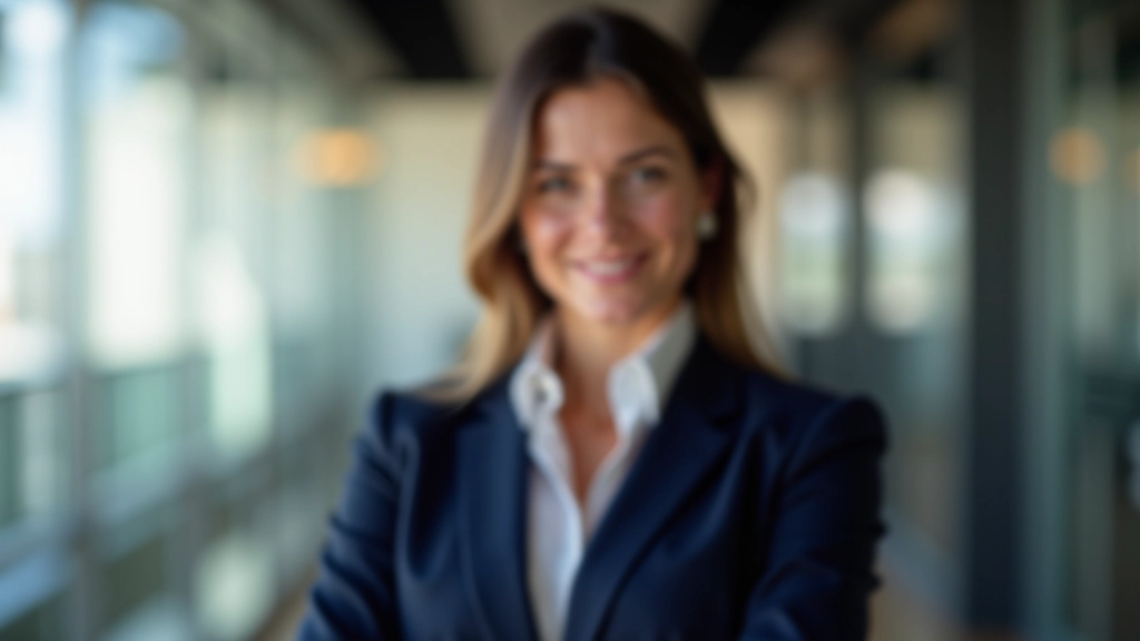 Profissional feminina em blazer azul-marinho, retrato do peito para cima, sorriso confiante, escritório moderno, luz natural